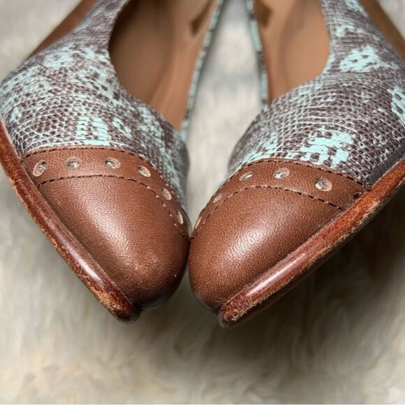 Sz 7 A Détacher Funky Blue Reptile Scale Print Wooden Kitten Heel - Picture 6 of 7